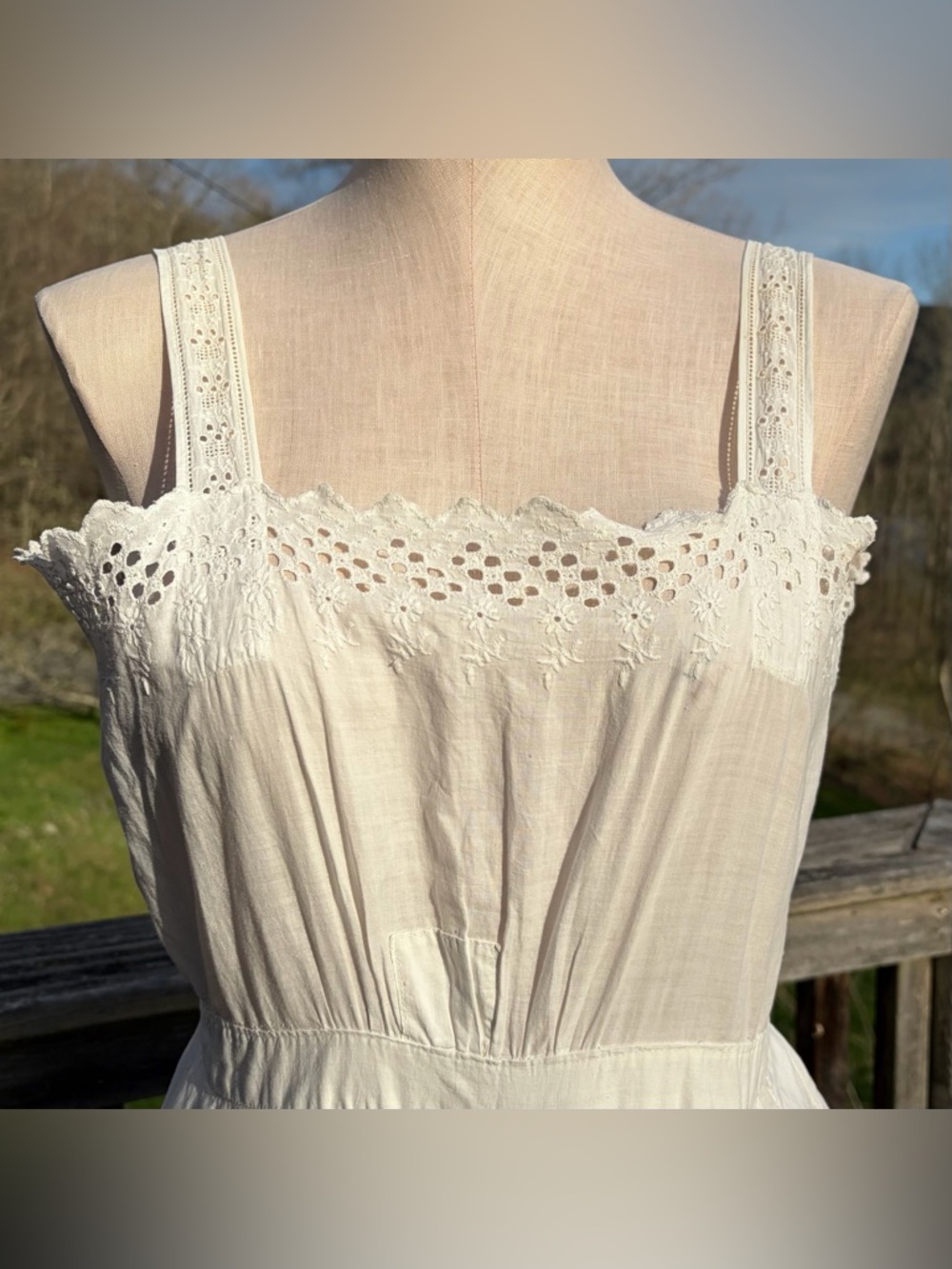 Antique Edwardian White Cotton Eyelet Tiered Prairie Midi Petticoat Dress Size 8 - Picture 5 of 16